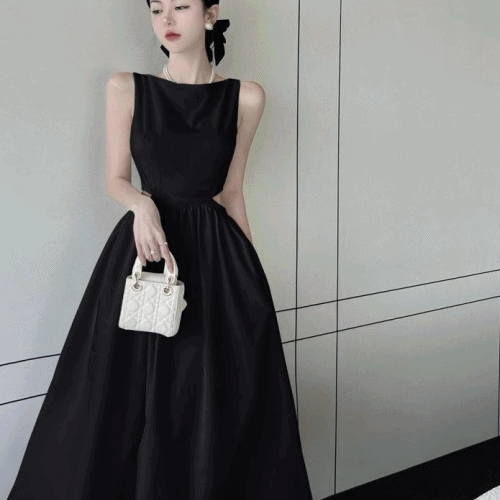 [달링pick_W] 보트넥 민소매 슬릿 나일론 블랙/화이트 드레스