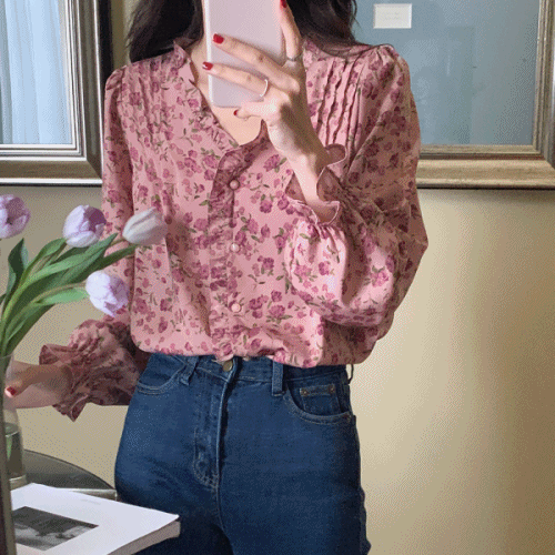 브이넥 플라워패턴 꽃무늬 봄블라우스 프릴 긴팔 퍼프소매 핑크 셔츠